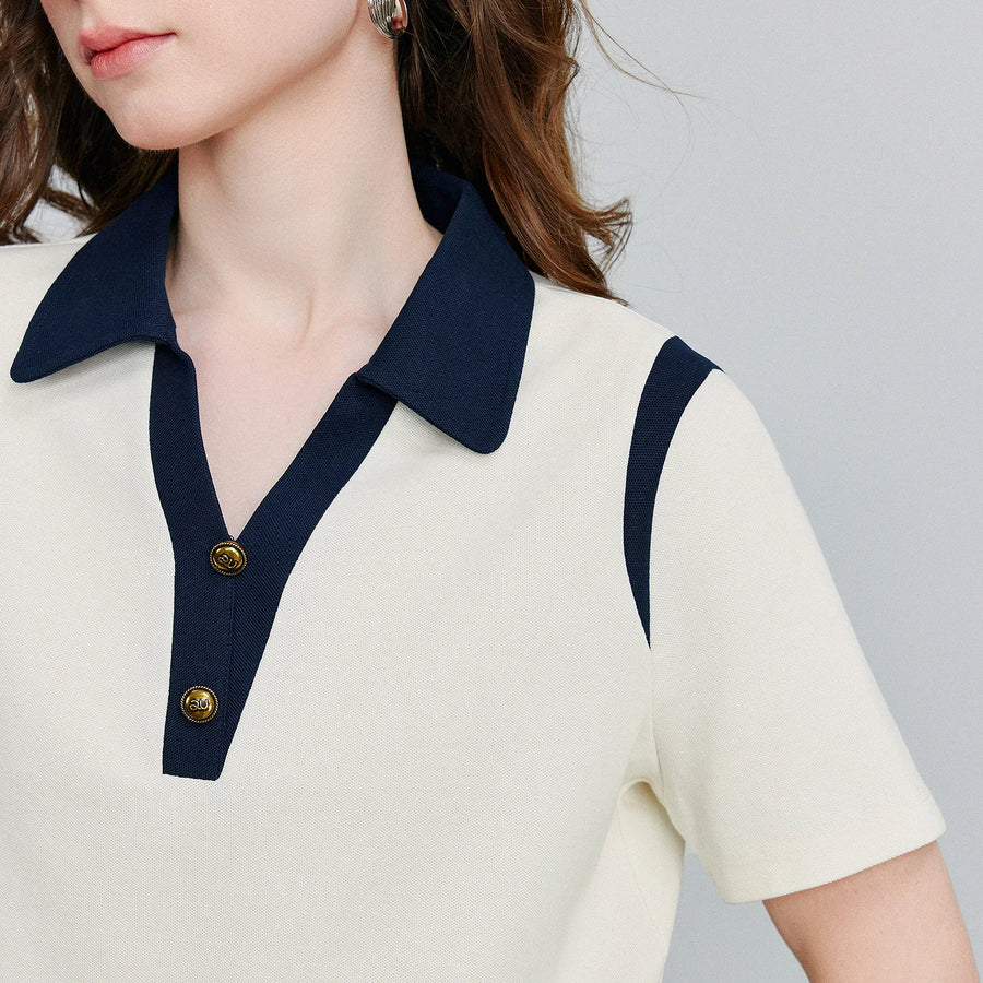 Camiseta Polo Feminina Color Block de Algodão Piquet