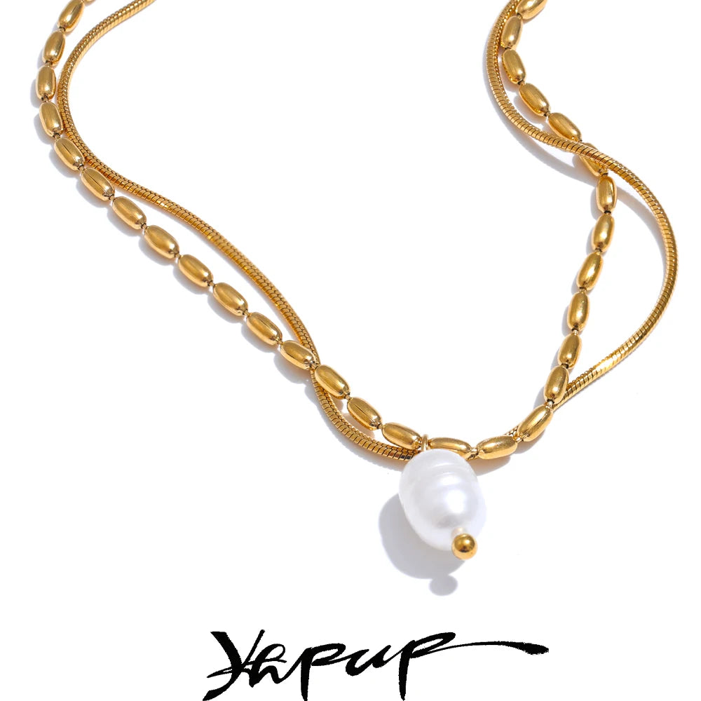 Colar Feminino de Camadas Gota com Pérola em Aço Inoxidável