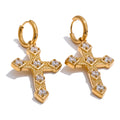 Yhpup Trending Bling Cubic Zirconia Classic Cross Drop Hoop Earrings 18K Gold Color PVD Plated Stainless Steel Exquisite Jewelry
