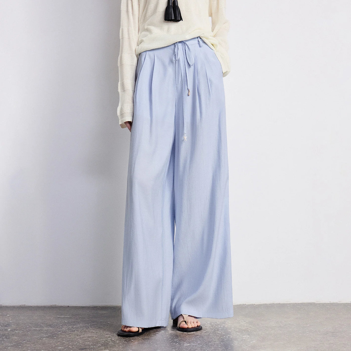 Calça Pantalona Feminina Listrada Cintura Alta