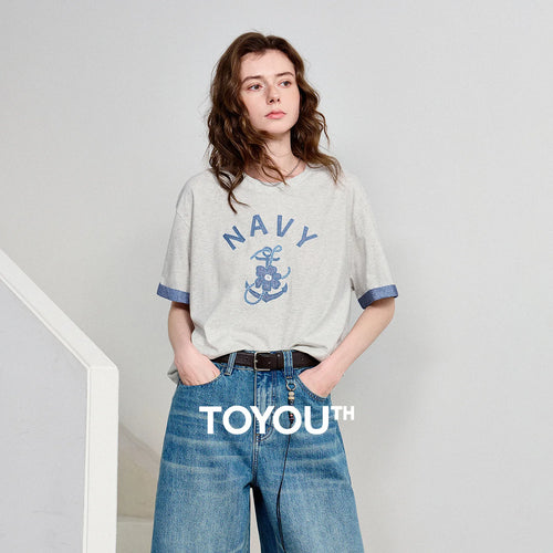 Camiseta Feminina Antibacteriana com Bordado Âncora Jeans