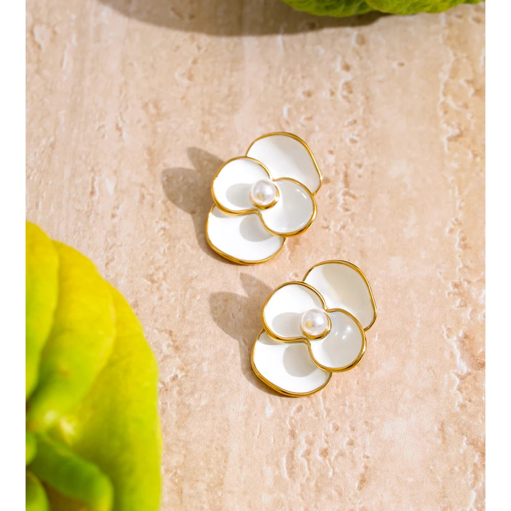 Brinco Flor Esmaltado Aço Inoxidável Ouro