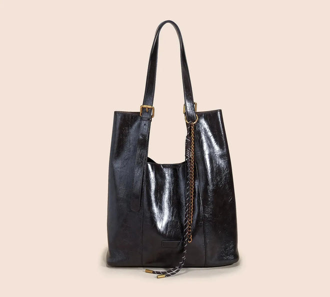 Bolsa Feminina de Couro Legítimo Grande Formato Bucket Vintage para Ombro