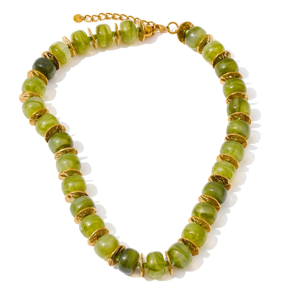 Yhpup Exclusive Resin Beads & Spacer Chain Handmade Statement Necklace 2025 Stainless Steel Waterproof Fashion Jewelry Gift YH6560A Green