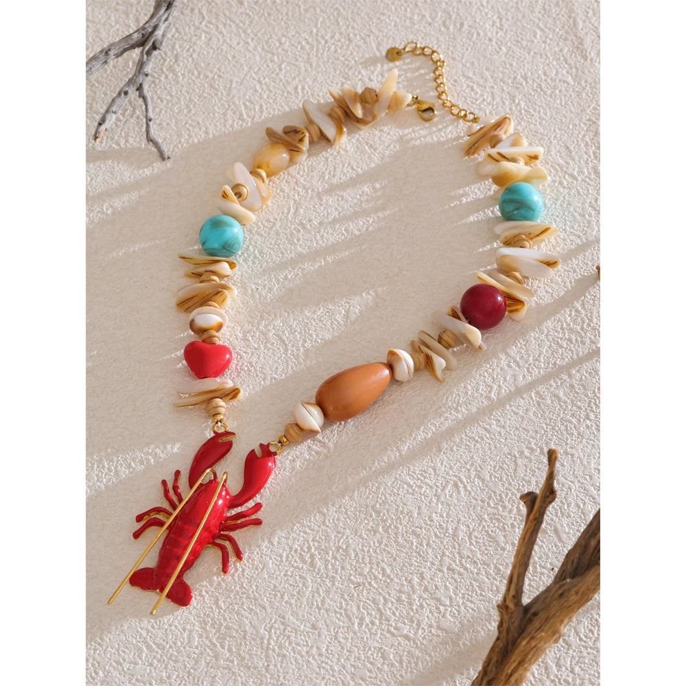 Yhpup Attractive Unique Ocean Shell Stone Handmade Lobster Crayfish Pendant Necklace Summer Charm Collar Statement PVD Jewelry