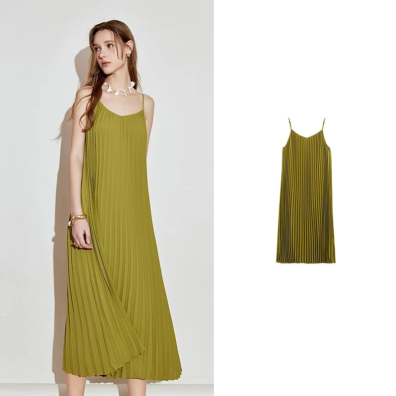 Vestido Midi Estampado de Alças com Pregas Olivine
