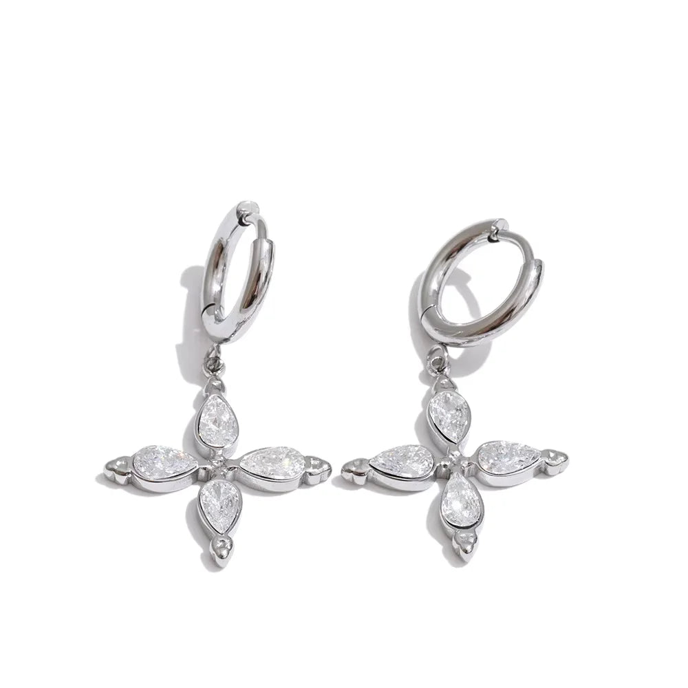 Colar Feminino Cruz com Zircônia em Aço Inoxidável 7 Brinco Prata