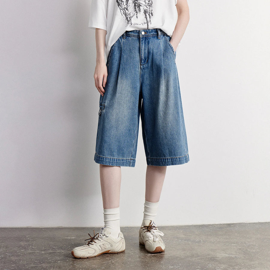 Bermuda Jeans Feminina Wide Leg com Bolsos