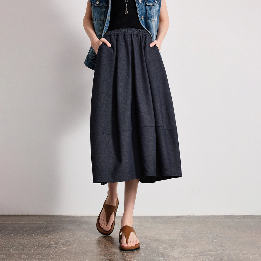 Saia Jeans Midi Feminina com Bolsos com Cós Elástico