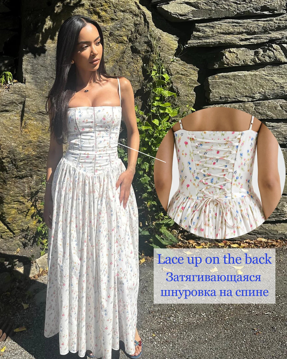 Mingmingxi Women Long Floral Print Spaghetti Strap Maxi Dress Summer Elegant Lace Up Dress Flowy Holiday Party Beach Wear Dress lace up on the back 1