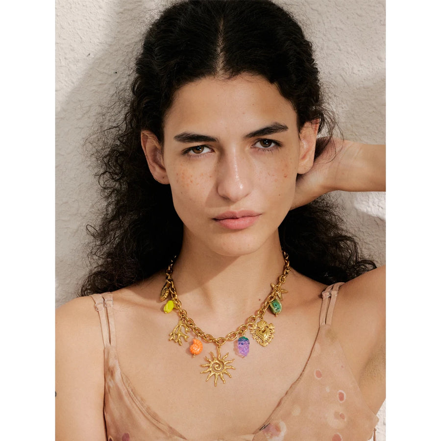 Yhpup Exquisite Ceramic Ocean Style Sun Pendant Necklace Fashion Trendy Stainless Steel Collar Arrivals Jewelry Recommend