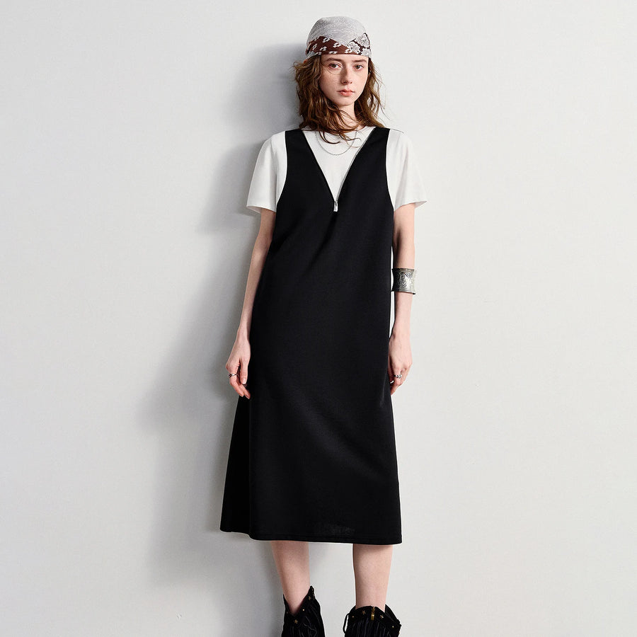 Vestido Midi Bicolor com Decote V e Zíper