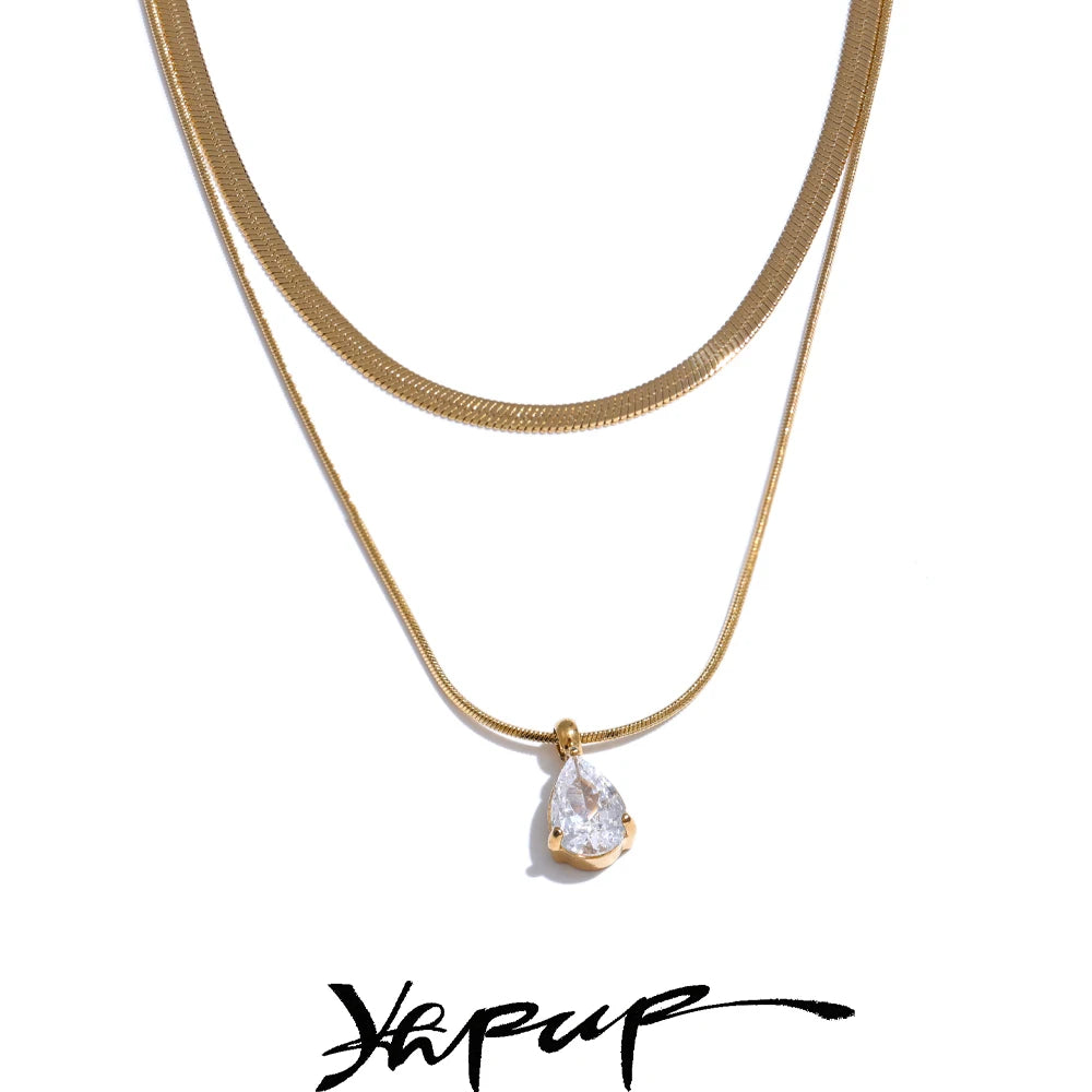 Colar Feminino de Camadas Gota com Zircônia em Aço Inoxidável 4