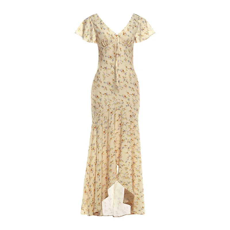 Vestido Longo Feminino Floral com Babados e Saia Sereia Blue