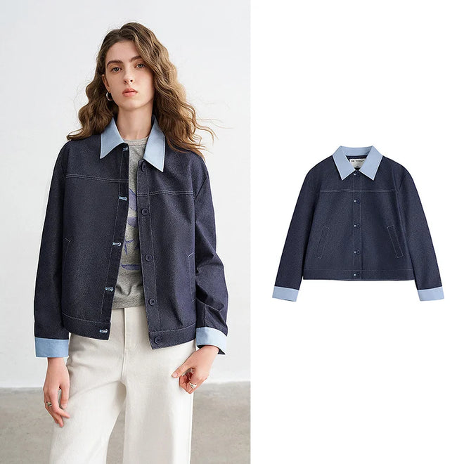Jaqueta Feminina Efeito Jeans Patchwork Duas Peças Dark Blue