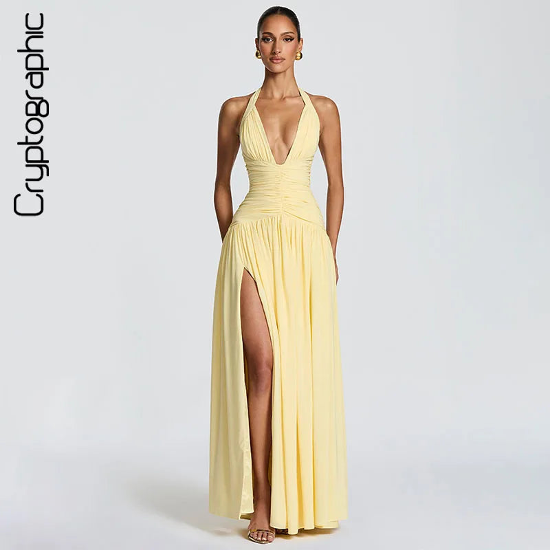 Vestido Longo Feminino Frente Única com Fenda Alta