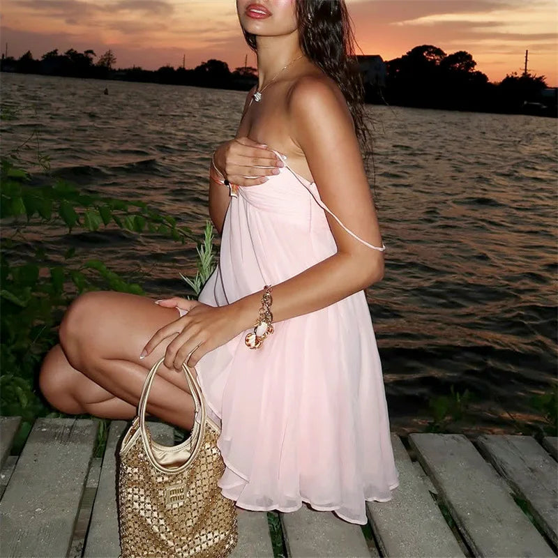 Elegant Chiffon Loose Short Dresses Women's Simple Casual Strap Dress Summer Sundresses Pink Black Beach Holiday Vacation New