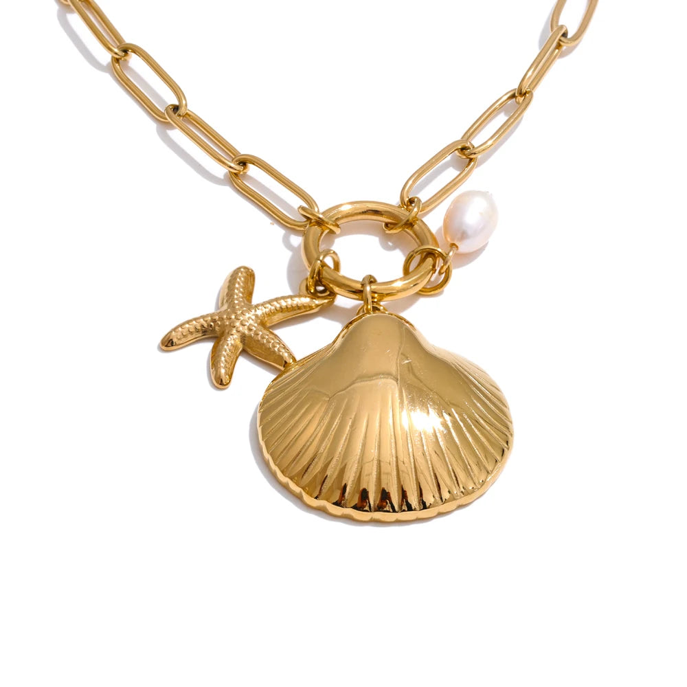 Yhpup Ocean Style Starfish Shell Natural Pearl Pendant Necklace Stainless Steel Summer Beach Fashion Jewelry Accessories Gift YH2049A Gold