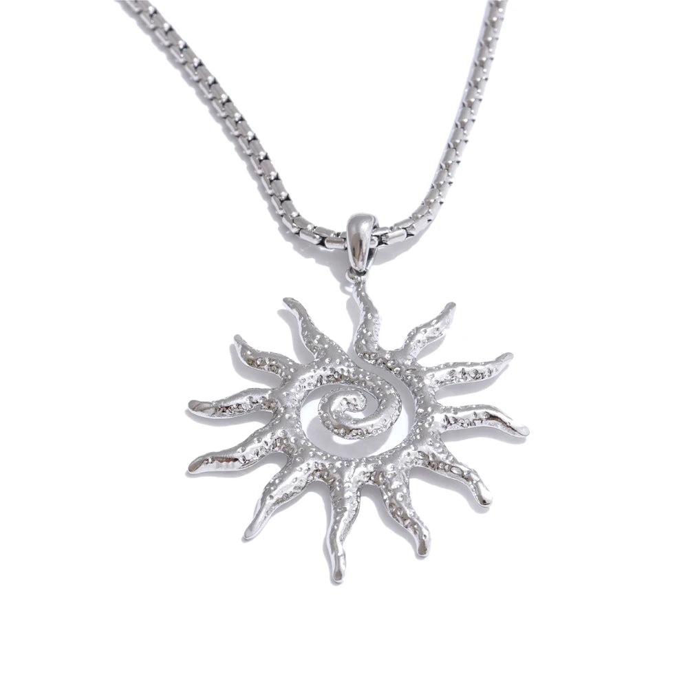Yhpup New Popular Stainless Steel Sun Drop Necklace Hoop Earrings for Women Tarnish Resistant Charm Jewelry Set Accessories Gift Necklace Platinum