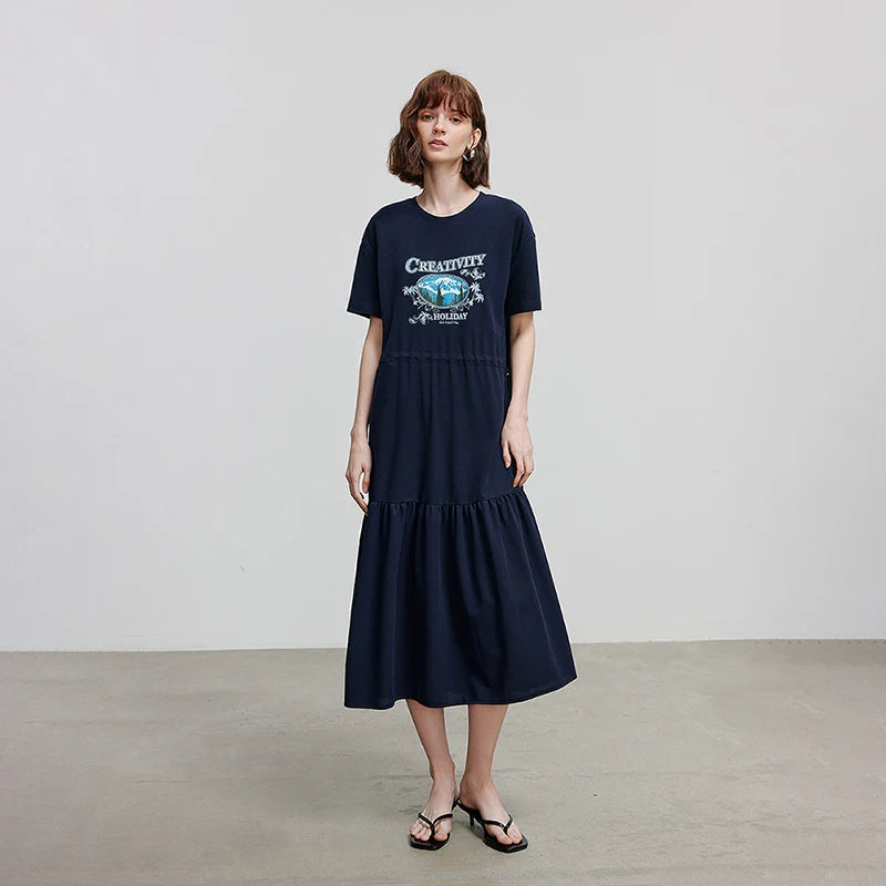 Vestido Camiseta Midi Estampado de Algodão