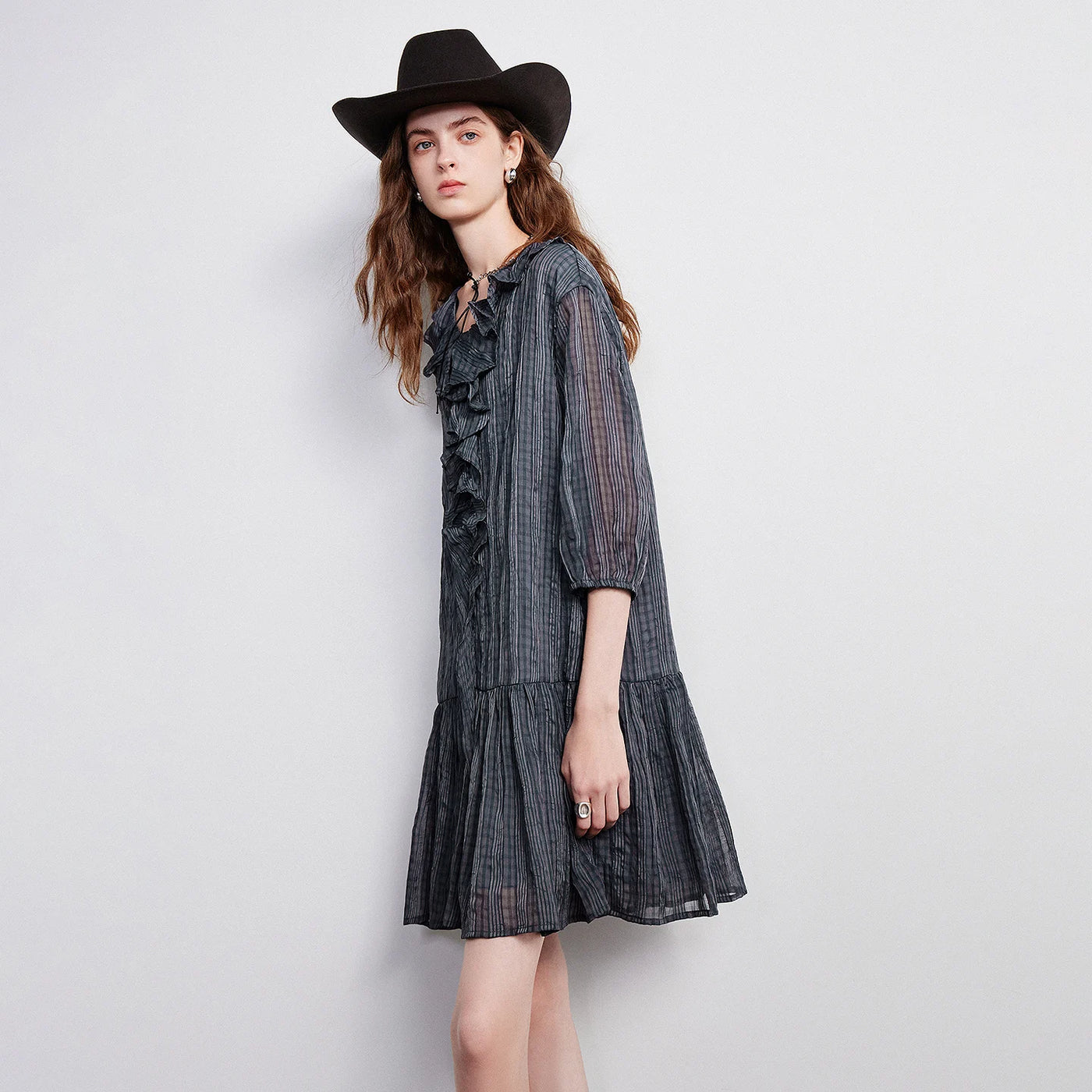 Vestido Boho Curto Xadrez Manga 3/4