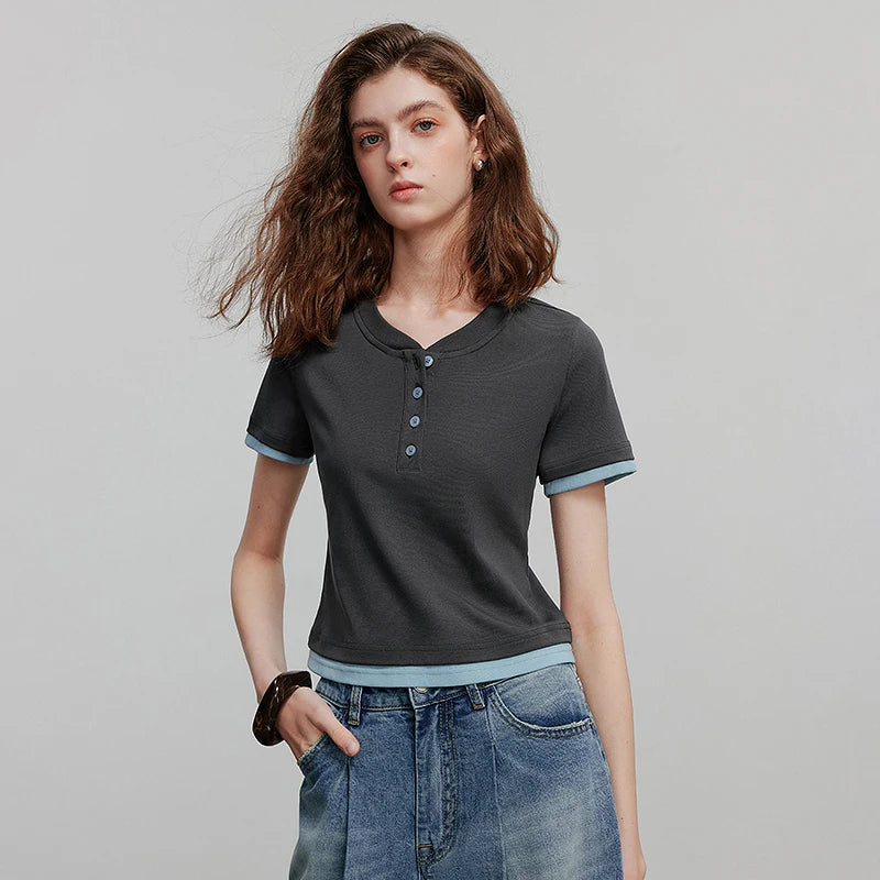 Camiseta Feminina Cropped Patchwork com Elastano