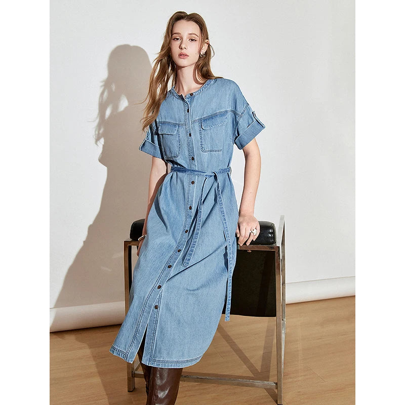 Vestido Jeans Midi Manga Curta com Amarração