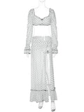 Hugcitar Polka Dot Print 2 Pieces Sets Long Sleeve Bow Sexy Crop Top Slit Maxi Skirt See Through Fashion Outfit Beach Vacation