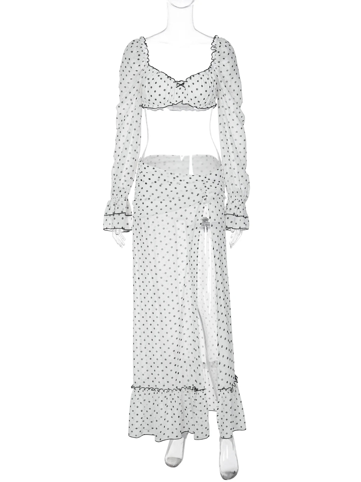 Hugcitar Polka Dot Print 2 Pieces Sets Long Sleeve Bow Sexy Crop Top Slit Maxi Skirt See Through Fashion Outfit Beach Vacation