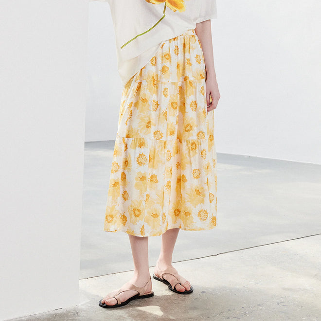 Saia Midi Feminina Floral Evasê