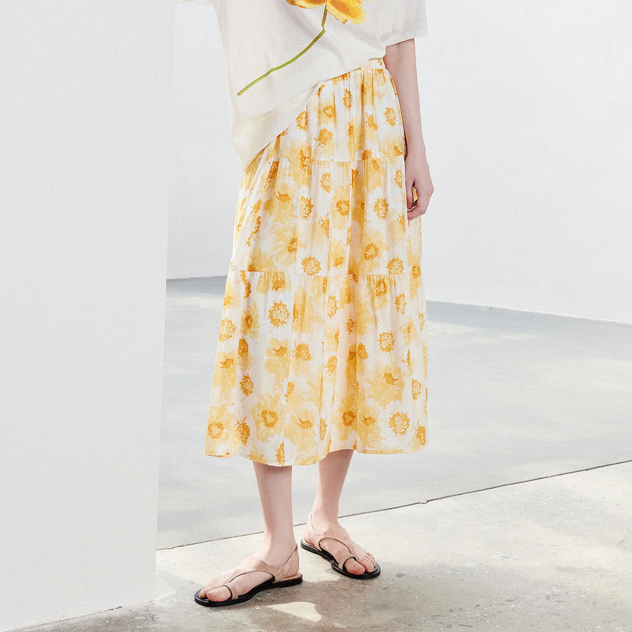 Saia Midi Feminina Floral Evasê