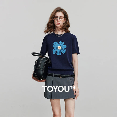 Blusa Feminina de Tricô Floral Manga Curta
