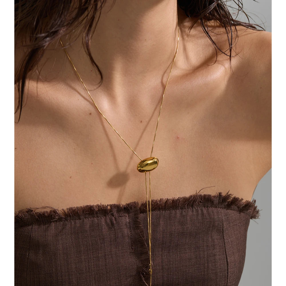 Yhpup 70cm Sweater Chain Jewelry Stainless Steel Oval Geometric Drop Stretchable Necklace for Women Minimalist Charm PVD Jewelry