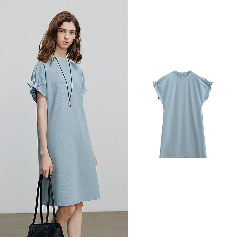 Vestido Curto de Algodão com Bolsos Grey Blue