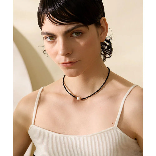 Yhpup Black Crystal Beads Chain Stainless Steel Natural Pearl Collar Necklace for Women Handmade Trade Trendy Simple Jewelry
