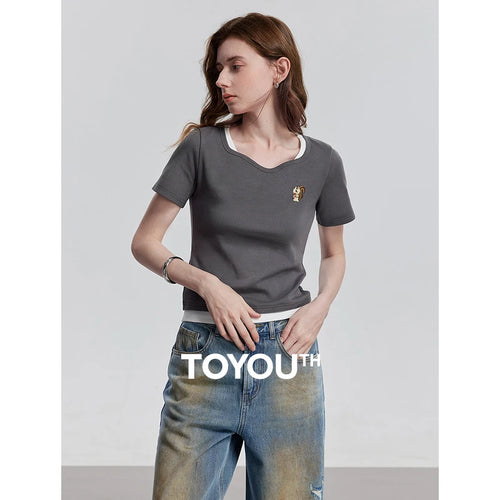 Camiseta Feminina Efeito Duas Peças Manga Curta