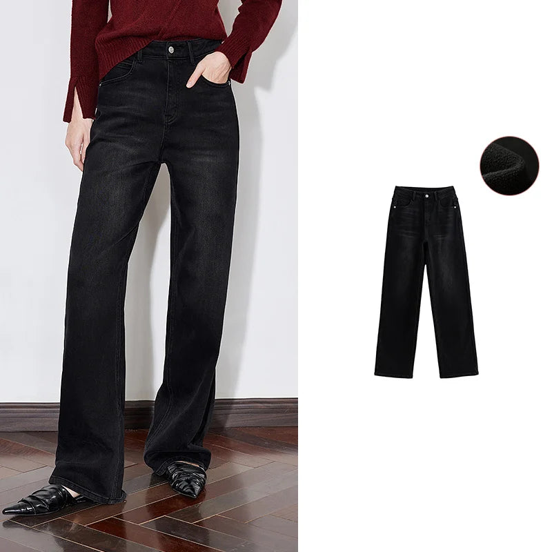 Calça Jeans Feminina Wide Leg Forrada com Elastano