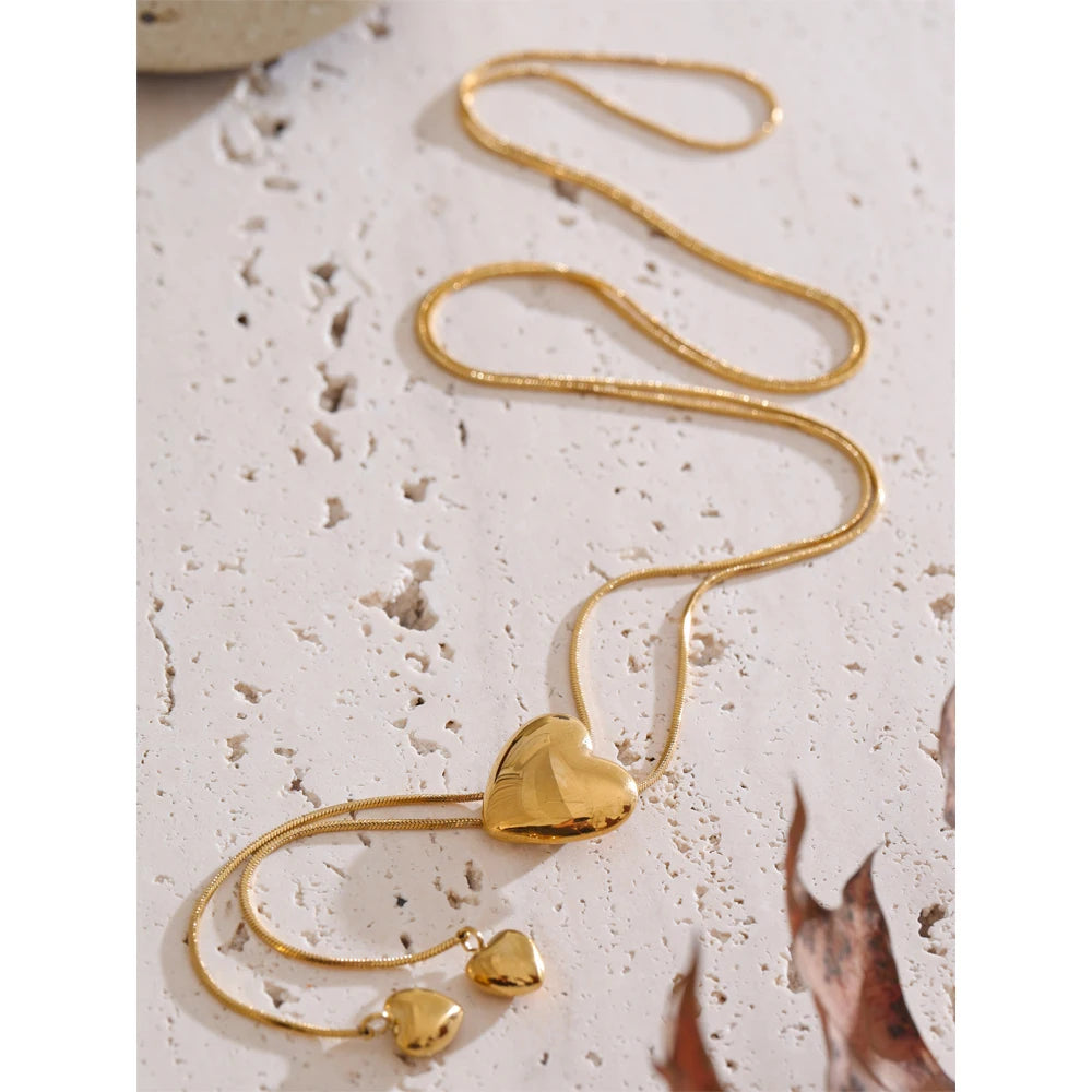 Yhpup Glossy Stainless Steel Heart Love Chain Long Drop Necklace High Quality Romantic Attractive Jewelry Gift