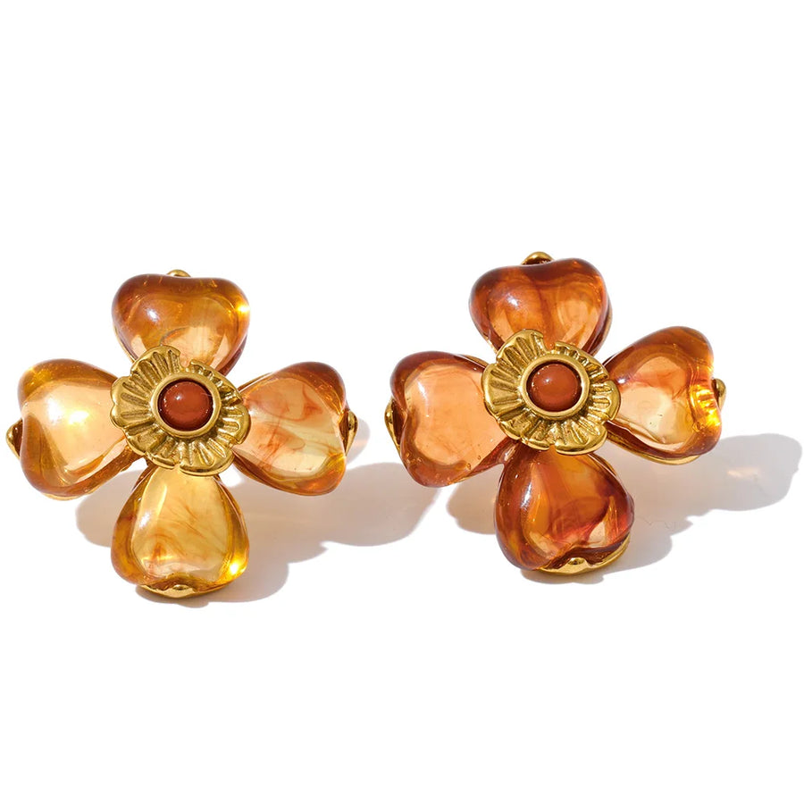 Yhpup Acrylic Fashion Flower Pendant Necklace Adjustable Ring Earrings Set 2025 Stainless Steel Trendy Jewelry Gift Multi-color Earrings Amber