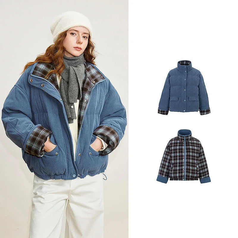 Jaqueta Puffer Feminina 90% Plumas Xadrez e Cotelê blue