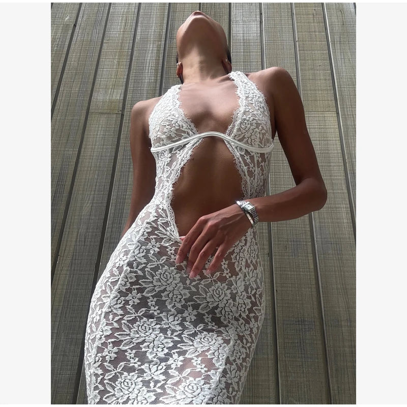 Women's Elegant Lace Up Flared Sleeve Long Dress Fashion Hollow Out Off Shoulder Bodycon Vestidos 2024 Lady New Beach Partywear