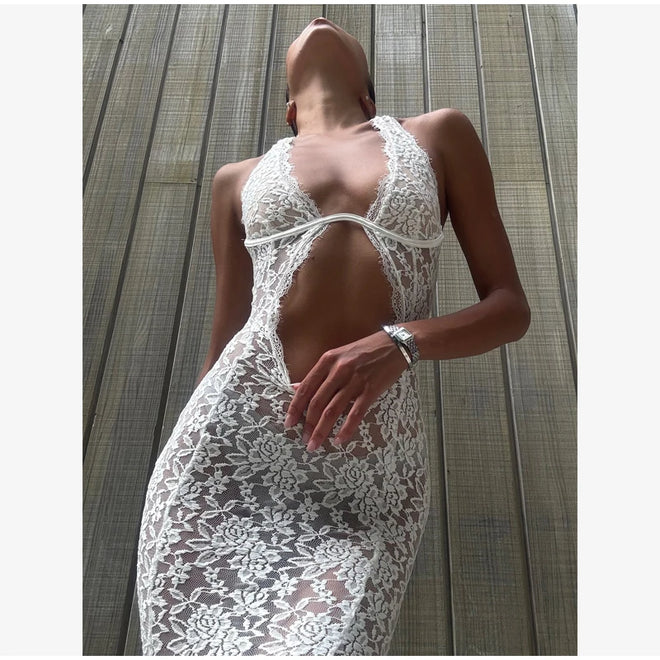 Women's Elegant Lace Up Flared Sleeve Long Dress Fashion Hollow Out Off Shoulder Bodycon Vestidos 2024 Lady New Beach Partywear