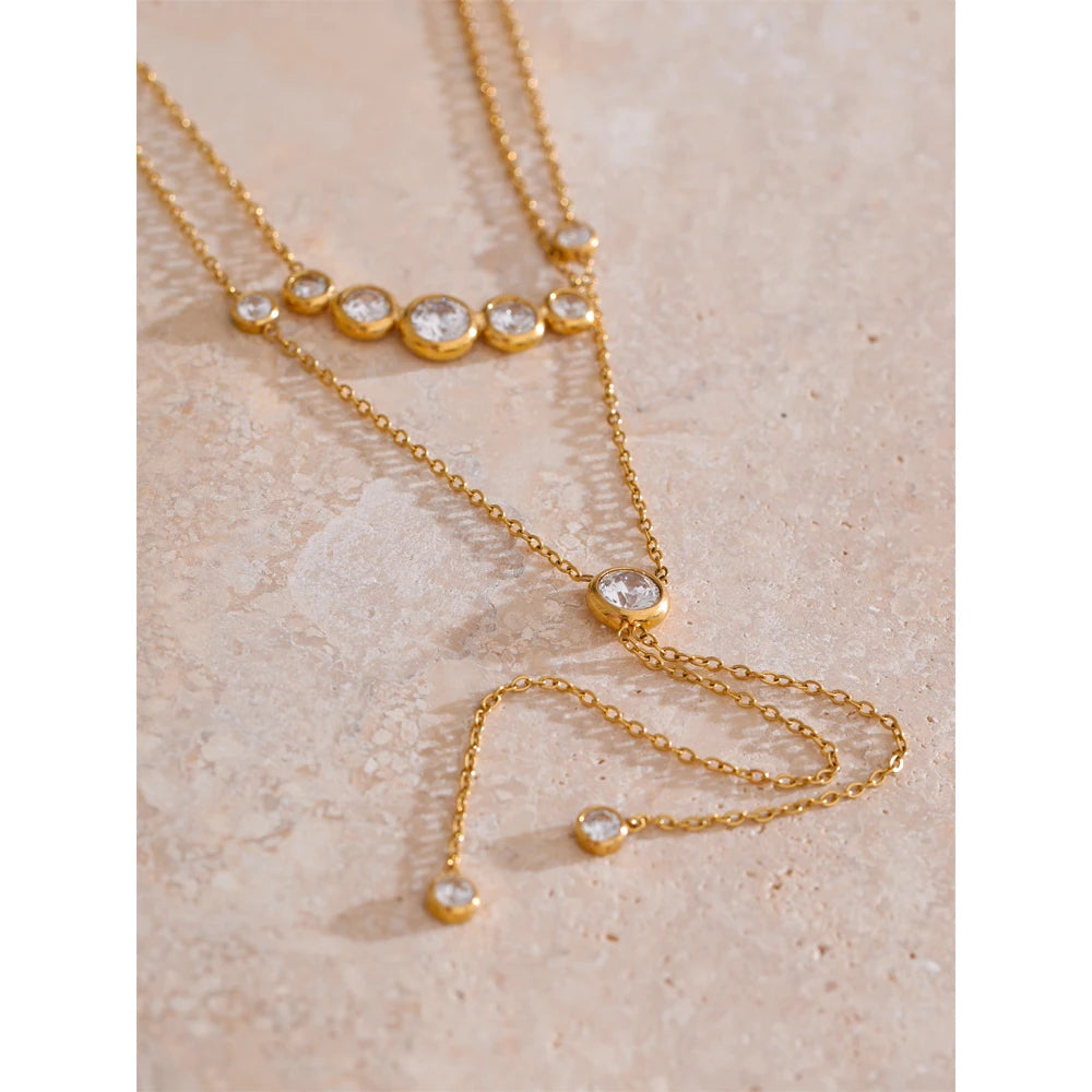 Yhpup Delicate Cubic Zirconia Double-Layer Chain Drop Tassel Luxury Necklace for Women Stainless Steel Exquisite Jewelry Gift