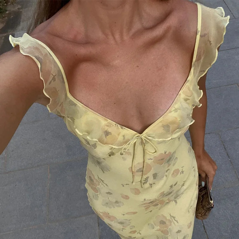Vestido Longo Feminino Floral com Decote V e Babados