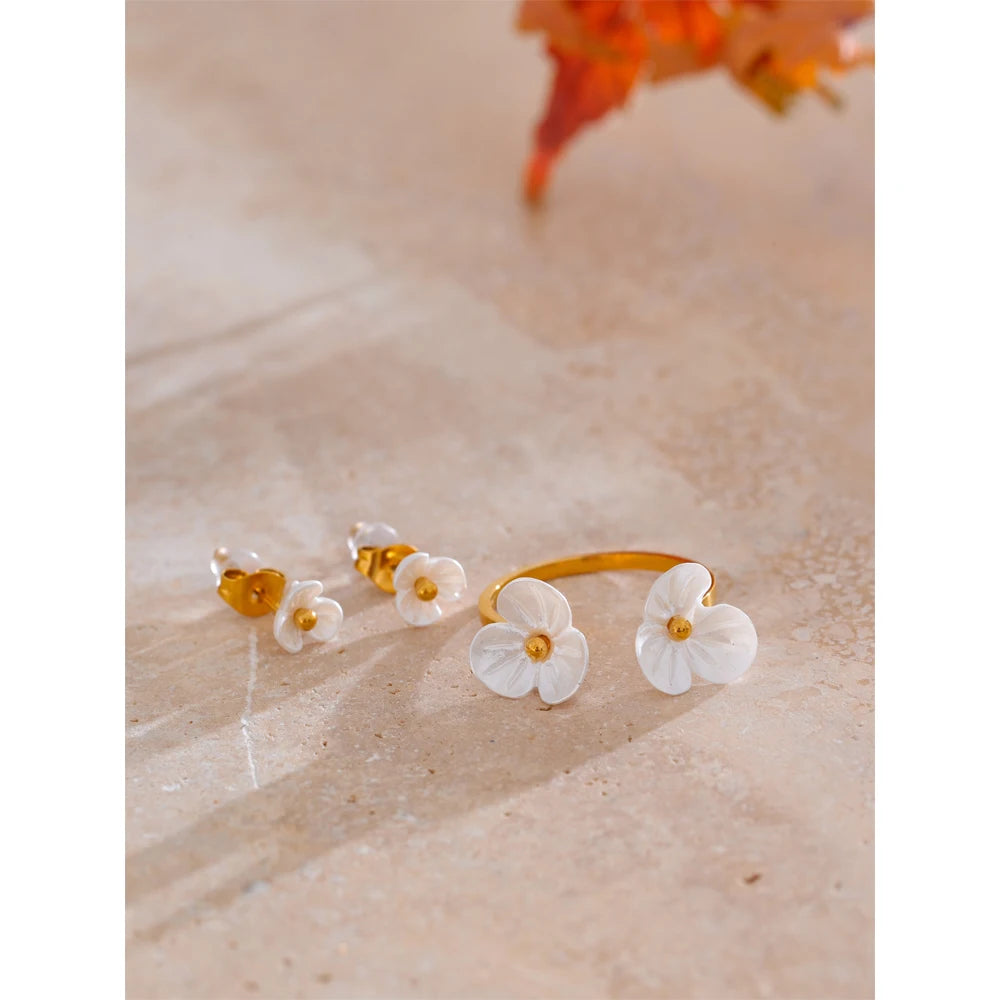 Yhpup Fairy Resin Flower Sweet Earrings Ring Stainless Steel Waterproof PVD Plated Rust Resistant Summer Fashion Jewelry