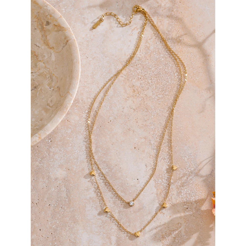 Colar Feminino de Camadas Coração com Zircônia em Aço Inoxidável