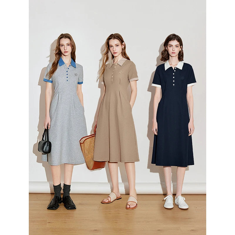 Vestido Polo Midi com Bordado Floral e Cintura Marcada