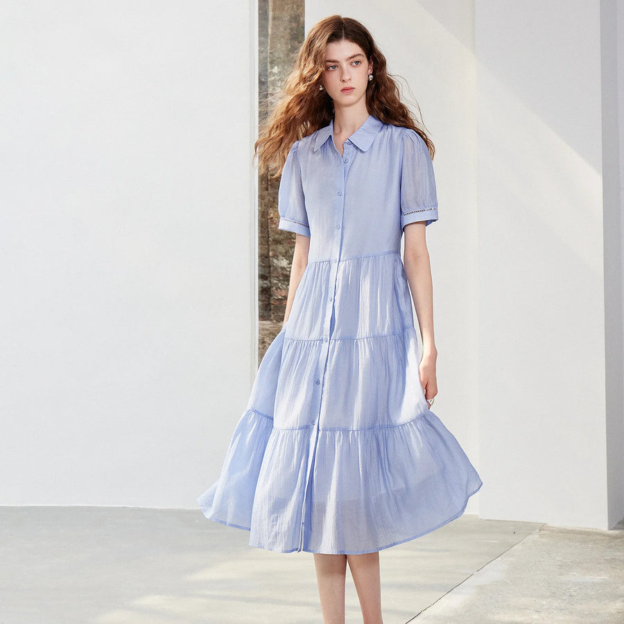 Vestido Midi Azul-Claro de Liocel com Botões
