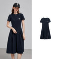 Vestido Midi de Algodão com Bordado e Manga Curta Navy Bule