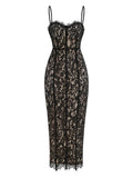 Sexy Spaghetti Strap V Neck Lace Long Dress Women Black Floral Lace Sleeveless Bodycon Dresses Elegant Evening Celebrity Party Black